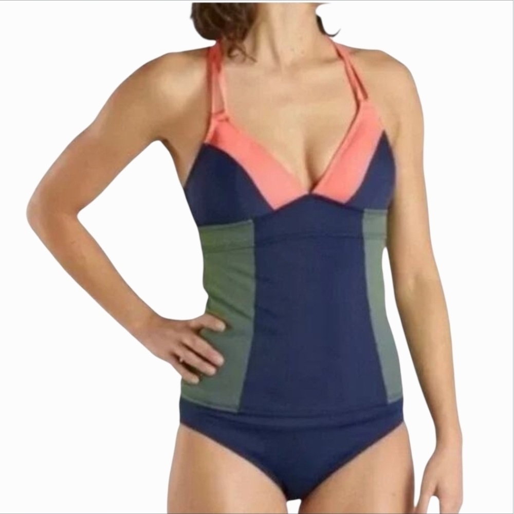 NWT Title Nine Navy And Coral Colorblock Bikini Tankini Top Size XSMALL